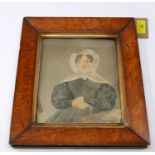 A 19th century watercolour of a seated female within a gilt wood and maple frame, Unsigned, 20 x