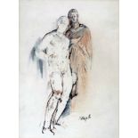 A pencil and ink sketch of two figures, signed, 31 x 22cm