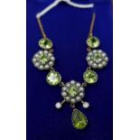 A boxed, yellow gold, diamond, seed pearl and peridot cluster necklace, L: 48cm, 6.7g