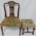 A Hepplewhite style chair with embroidered seat, together with an embroidered top stool.