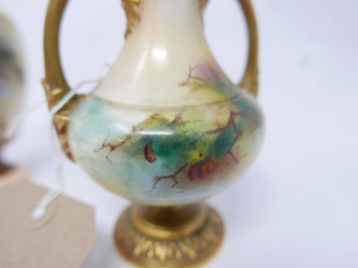 A Royal Worcester hand painted vase, H.19cm, together with a Royal Worcester twin handled vase and - Image 4 of 4
