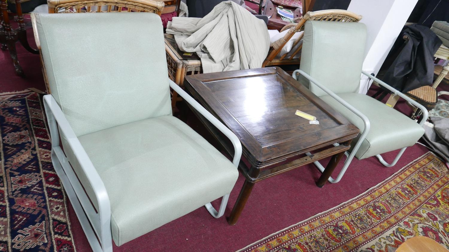 A pair of faux shagreen 1950's style easy armchairs. H.85 W.64 D.85cm