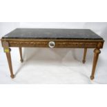 A 20th century marble top gilt wood coffee table, set with porcelain plaques, raised on reeded