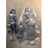 A 19th century pencil drawing of a mother and children with their dog, indistinctly signed