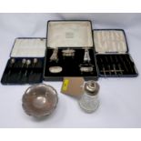 A small collection of silver to include a cased set of crab forks, bon bon dish, condiments,