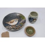 A Marazion Cornwall pottery bowl of a ring plover, signed H.Beck together with and art pottery