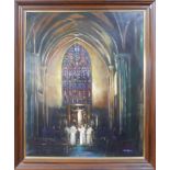 20th century oil on canvas the interior of a Church, signed Erskine to lower right, framed, 99 x