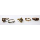 Four 9ct yellow gold rings with a 10ct yellow gold ring, Gross weight: 11g