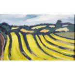 A framed modern impressionist style oil on board, golden wheat fields. H.13 W.21cm