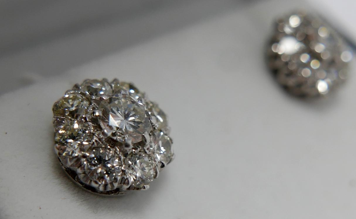 A pair of platinum and 18ct white gold diamond cluster stud earrings (approx 2 carats total), each - Image 4 of 4