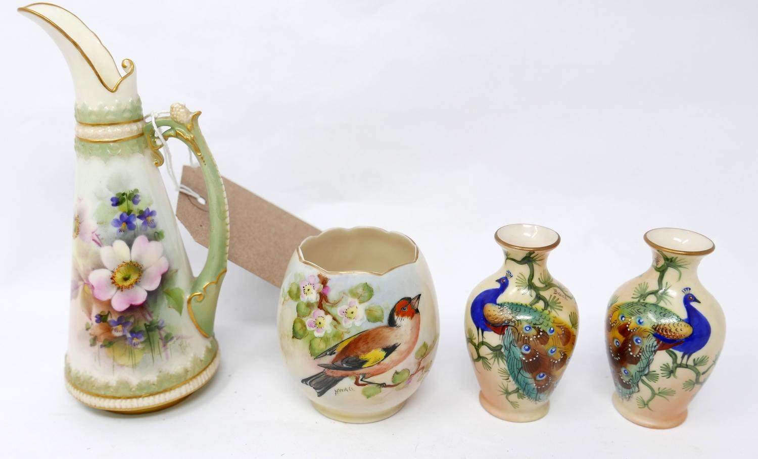 A Royal Worcester porcelain jug hand painted by Cole together with a pair of miniature Locke & co