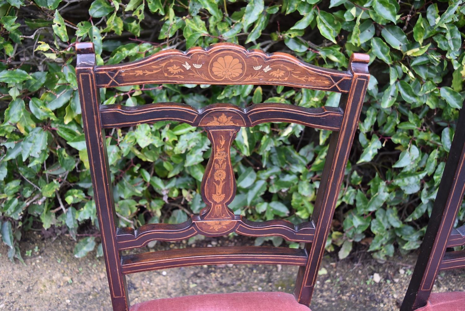 A pair Victorian bedroom chairs with profusely inlaid back rails and central splats on turned - Image 5 of 6