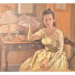 A framed oil on canvas, modern British, lady at her desk, indistinctly signed. H = 45cm W = 50cm