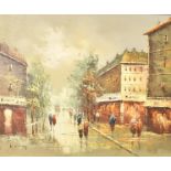 A framed oil on canvas, Parisian street scene, signed bottom left. H = 49cm W = 59cm