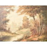 A framed oil on canvas, stream and wooded landscape, indistinctly signed. H = 49cm W = 65cm