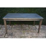 A 20th century oak dining table with sheet metal top, H = 77cm W = 161cm D = 90cm