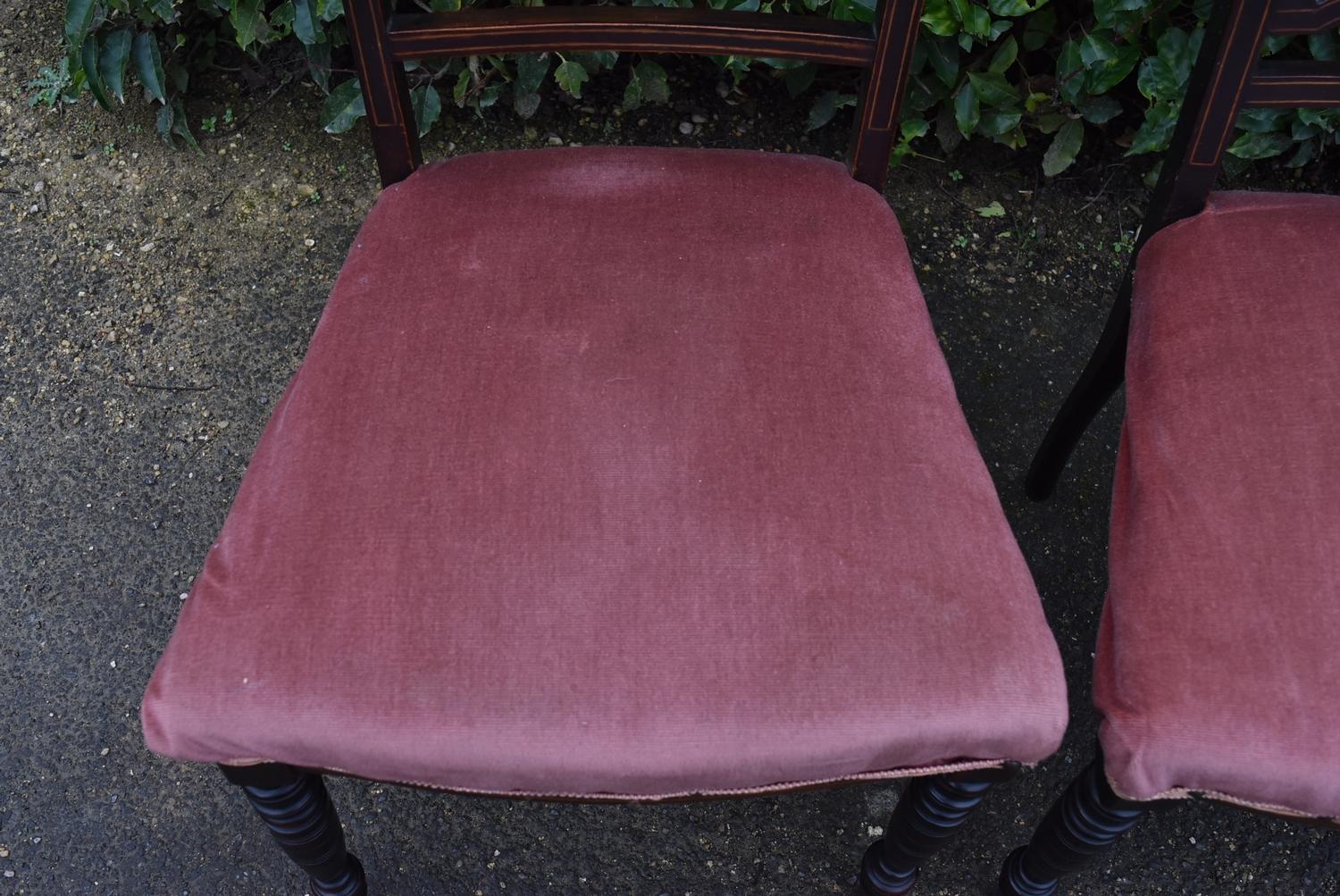 A pair Victorian bedroom chairs with profusely inlaid back rails and central splats on turned - Image 2 of 6