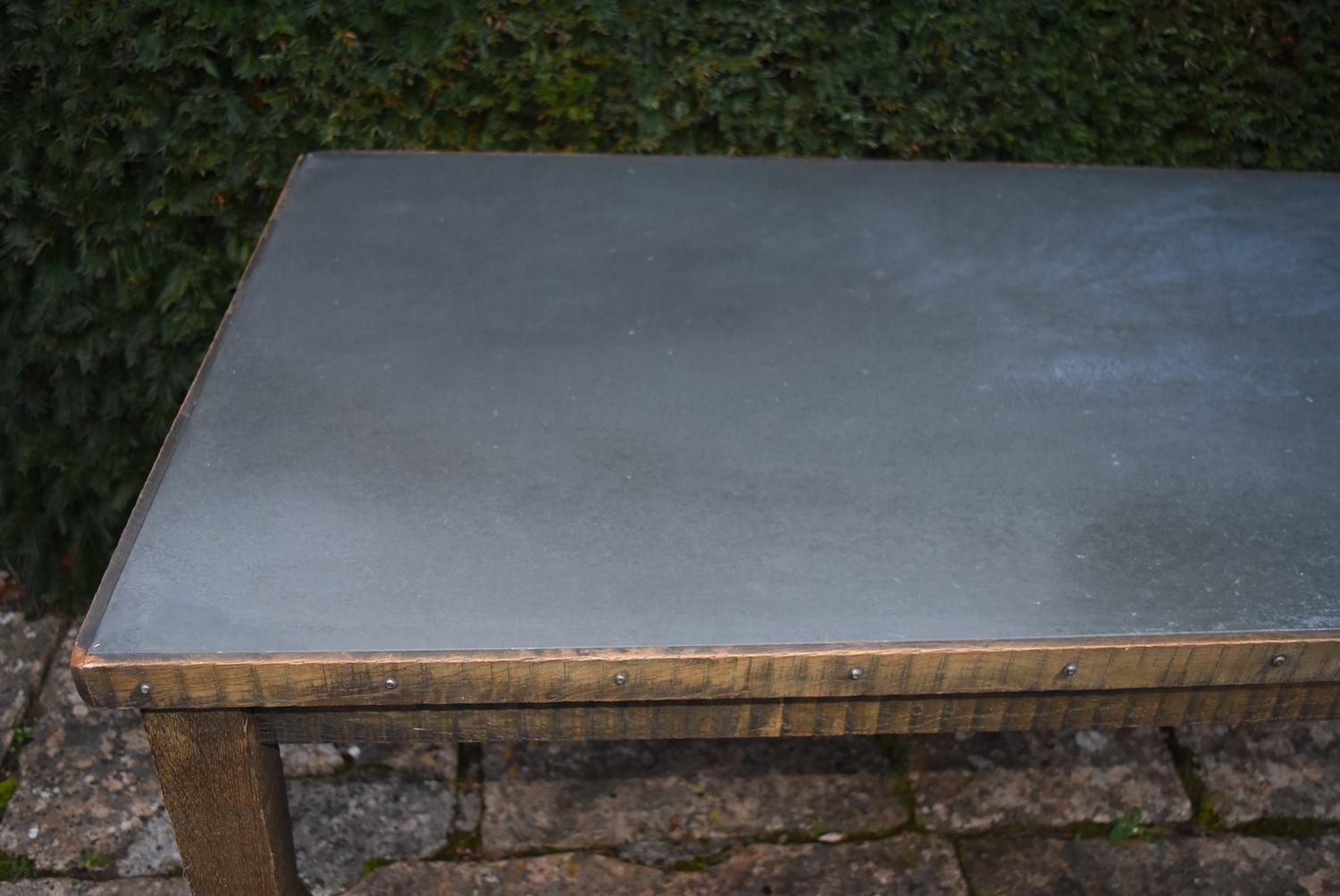 A 20th century oak dining table with sheet metal top, H = 77cm W = 161cm D = 90cm - Image 3 of 4