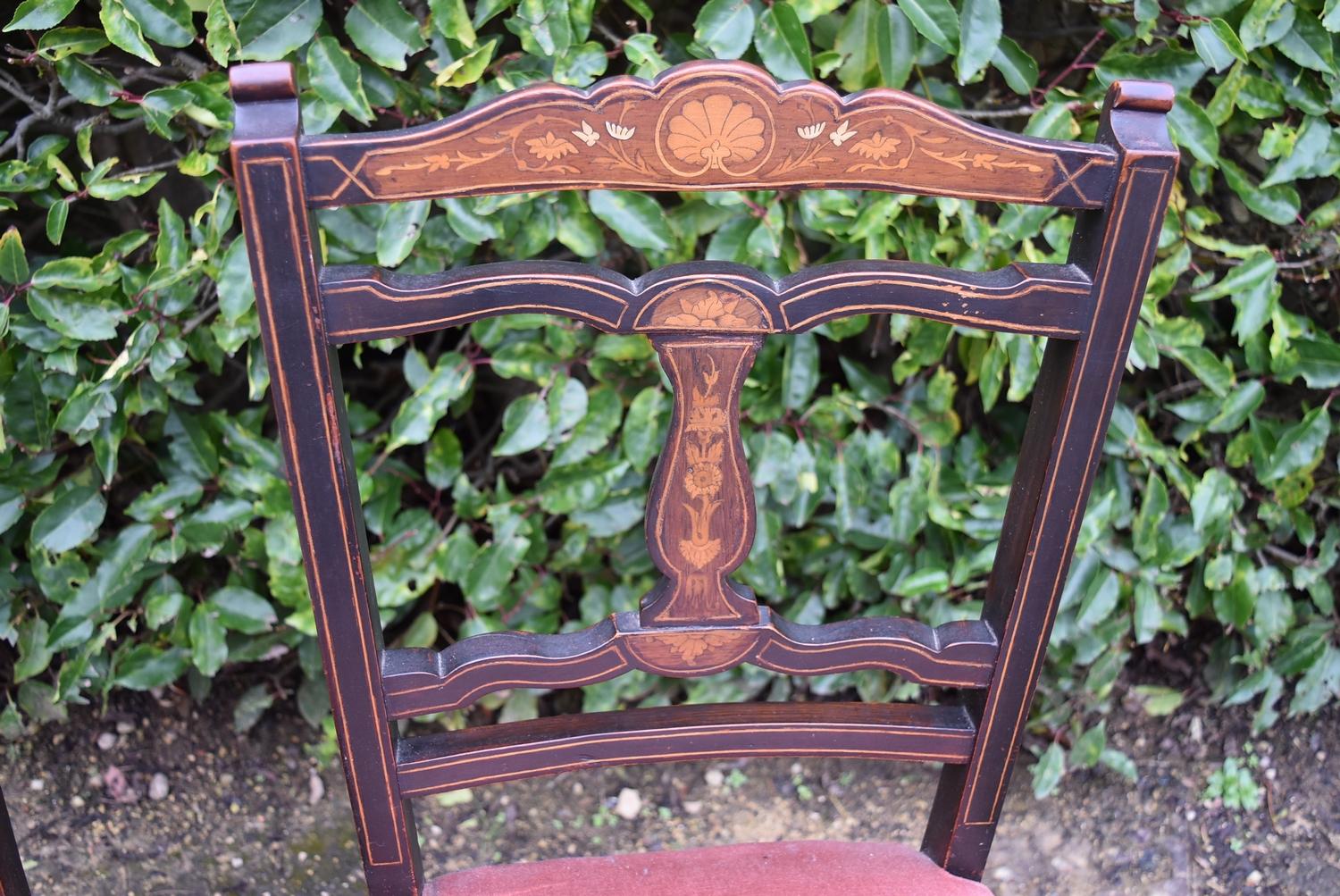 A pair Victorian bedroom chairs with profusely inlaid back rails and central splats on turned - Image 4 of 6