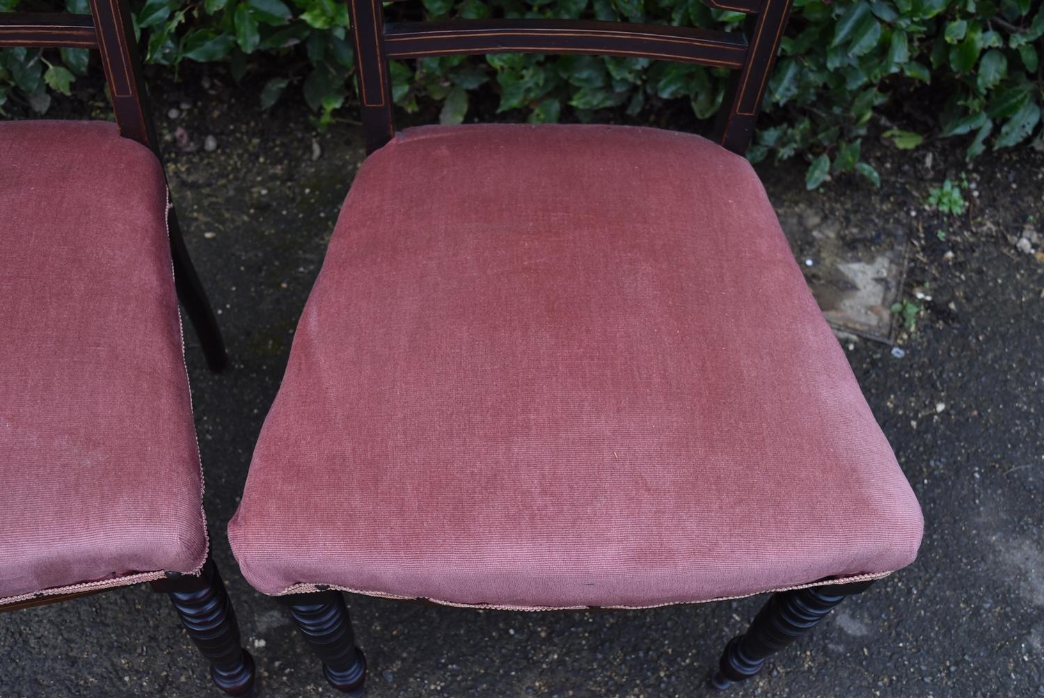 A pair Victorian bedroom chairs with profusely inlaid back rails and central splats on turned - Image 3 of 6