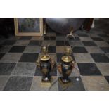 A pair of classical urn style table lamps in blue and gilt H = 67cm