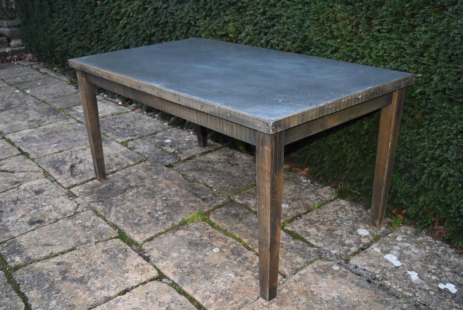 A 20th century oak dining table with sheet metal top, H = 77cm W = 161cm D = 90cm - Image 4 of 4