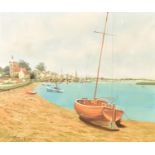 A framed oil on canvas of boats by a village, indistinctly signed. H = 50cm W = 60cm