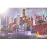 A gilt framed oil on board, cubist style cityscape. H = 60cm W = 90cm