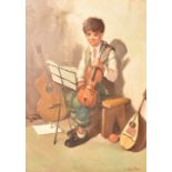 A gilt framed Continental style oil on canvas of a young musician, signed J Glotzer. H = 71cm W =