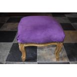 A French Louis XVI style purple footstool, H = 35cm W = 44cm D = 44cm