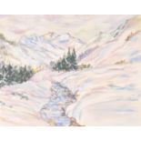 A framed and glazed pastel of a mountainous wintry scene. H = 40cm W = 49cm