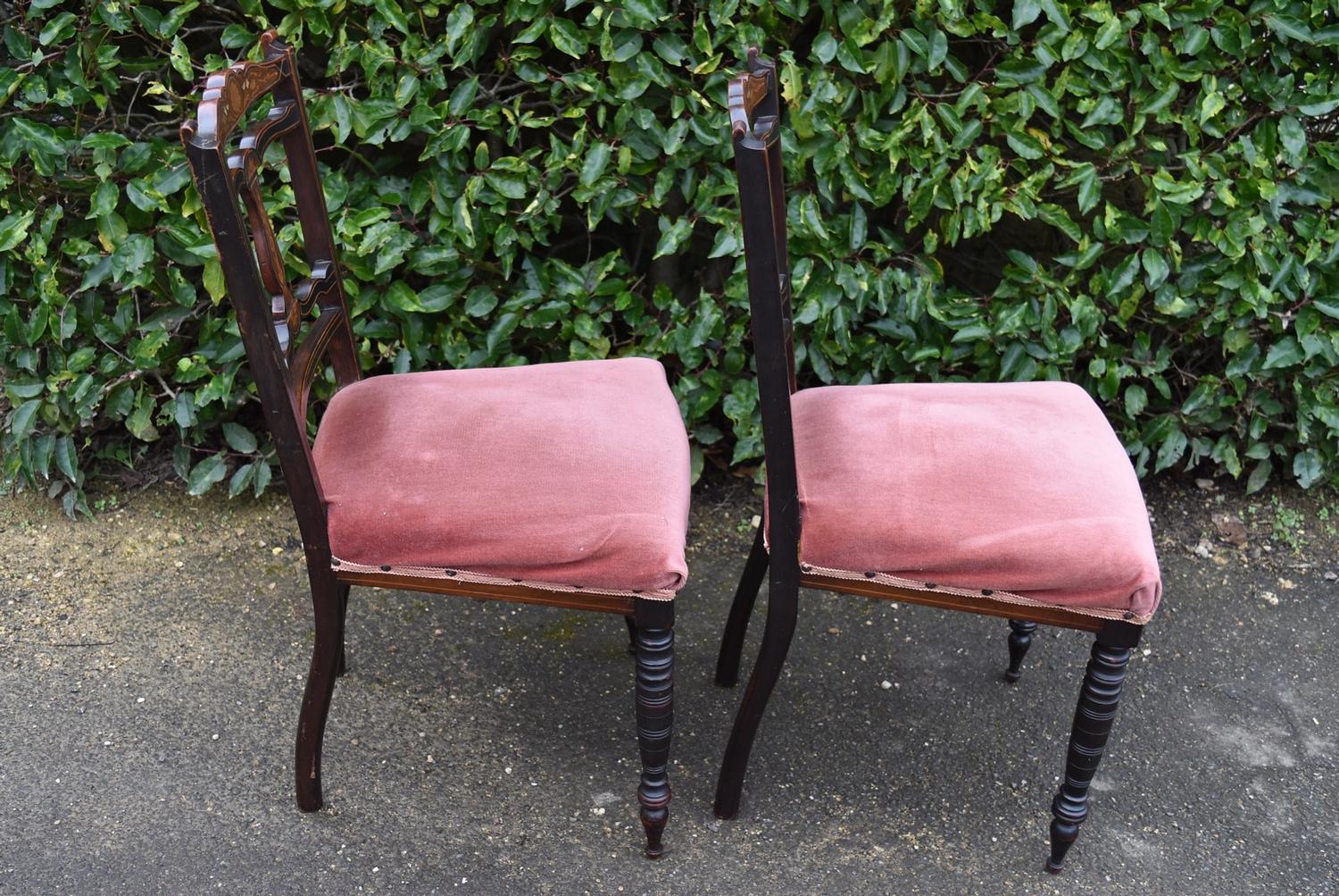 A pair Victorian bedroom chairs with profusely inlaid back rails and central splats on turned - Image 6 of 6