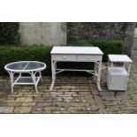 A white painted rattan conservatory suite of furniture, table with glass H = 49cm W = 81cm D =