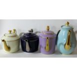 4 Legle Limoges, porcelain teapots in tuquoise H: 22cm, lilac H: 17cm, navy H: 14.5cm, cream H: 14.