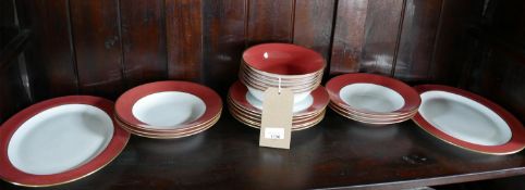 Legle Limoges – Rasberry porcelain/18ct finish, 6 bowls Dia: 18cm, 6 soup bowls Dia: 22cm, 6 side