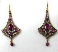 A pair of boxed, yellow gold, ruby and diamond drop earrings, L: 4.5cm, 4.8g.