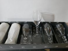 A boxed, set of 6 Mario Cioni, Italian, small wine glasses with 3 bobble stem, H: 16cm, Engraved