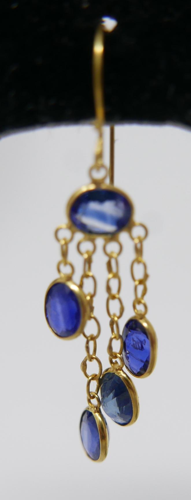 A pair of 14ct yellow gold, natural sapphire drop earrings, each earring set with five, oval, - Image 2 of 2