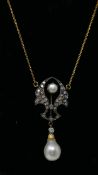 A boxed yellow gold drop necklace studded with diamonds and set with two white pearls, L: 50cm, 4.