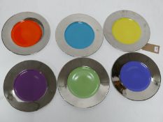 A set of 6, Legle Limoges, platinum-rimmed and multi-colour large porcelain dinner plates, Dia: 32cm