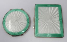 A matching Art Deco, sterling silver white and mint green guilloche enamelled circular mirror