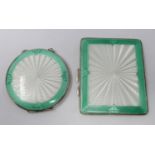 A matching Art Deco, sterling silver white and mint green guilloche enamelled circular mirror
