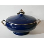 A large Legle Limoges, porcelain tureen and cover in midnight blue and platinum finish, H: 18cm,