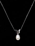 A boxed, 18ct white gold, diamond and pearl pendant with 18ct white gold butterfly motif on an