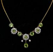 A boxed, yellow gold, diamond, seed pearl and peridot cluster necklace, L: 48cm, 6.7g