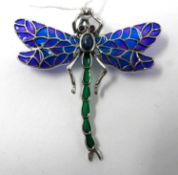 A large, sterling silver dragonfly pendant/brooch in plique a jour enamel, sapphire cabochon abdomen