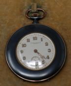 A Baume & Mercier gun-metal cased open face top-wind pocket watch, dial with gilt Arabic numerals