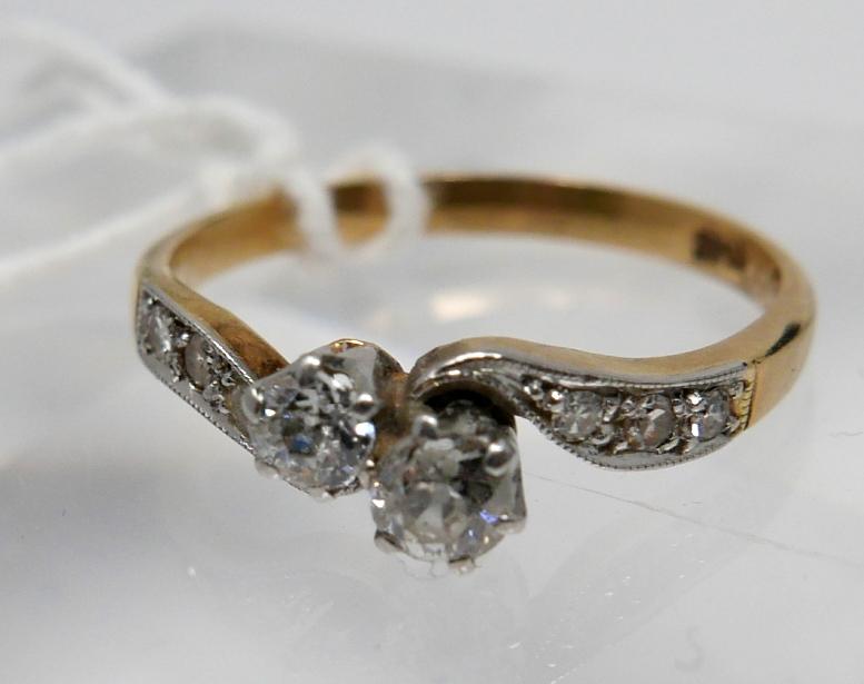 A boxed, late 19th century, 18ct yellow gold and platinum double diamond crossover ring, centrally - Image 3 of 4