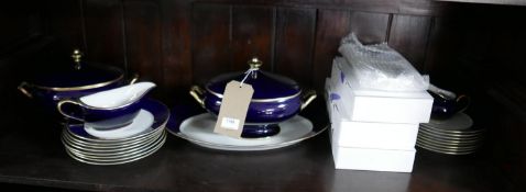 Legle Limoges – Navy blue porcelain/18ct finish collection: 2 large tureen and covers, 1 large