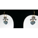 A pair of antique, yellow gold, diamond, turquoise and pearl studded earrings, each composed of a